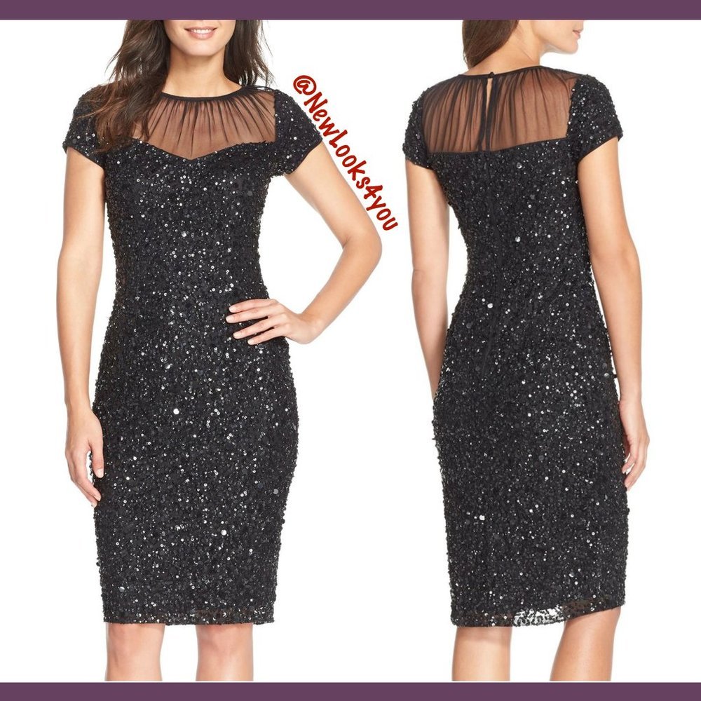 NEW $239 Adrianna Papell Sequin Embellished Sheath Dress in Black [SZ 4 ]‎
